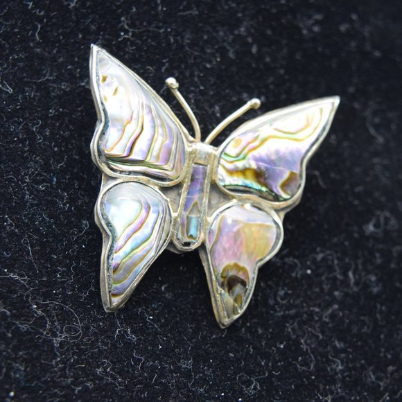Vintage Alpaca Mexico Silver Tone and Abalone Butterfly Brooch - Picture 6 of 9